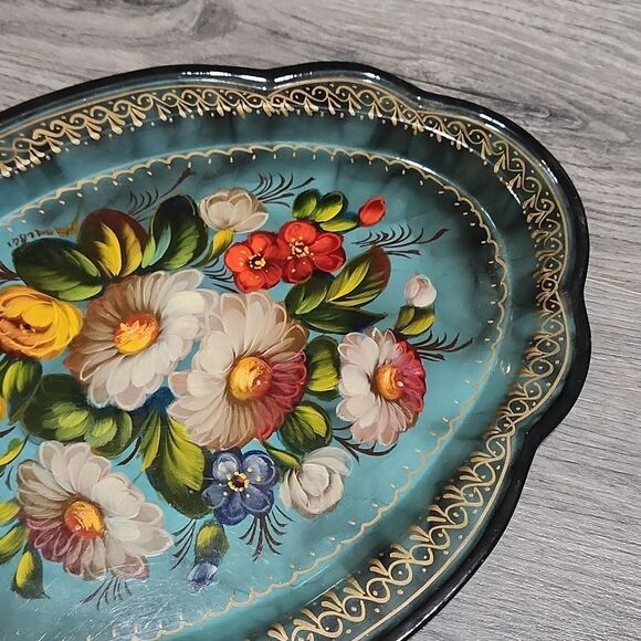 Heavy PAINTED Bright Floral Perfume/Jewelry Accessory Decoration Scalloped Tray - Picture 3 of 4